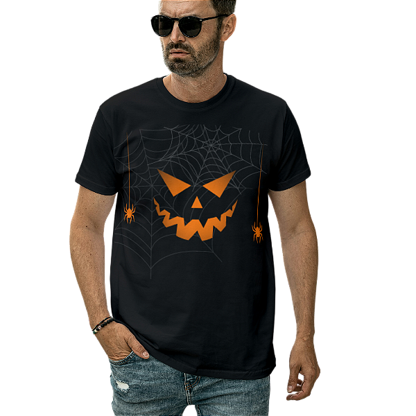 Camiseta Masculina de Algodão Halloween Abóbora com Teia