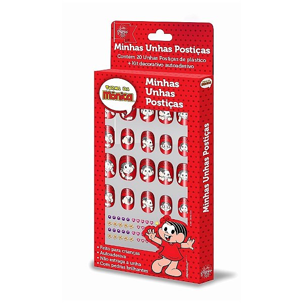 Kit 20 Unhas Postiças Turma da Mônica - Mônica Vermelho