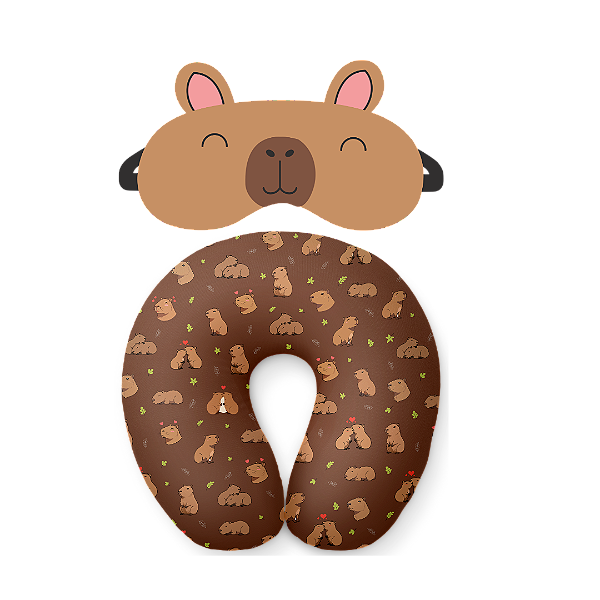 Kit Viajem Capivara | Almofada de Pescoço + Máscara de Dormir – Macio, Fofo e Divertido