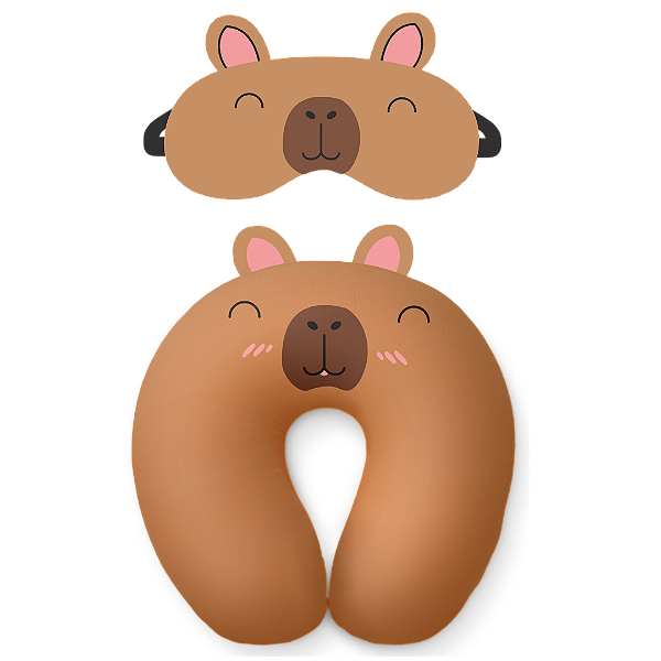 Kit Infantil Capivara | Almofada de Pescoço Aveludada + Máscara de Dormir – Macio, Fofo e Divertido