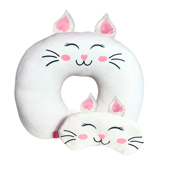 Kit Infantil Gatinha | Almofada de Pescoço Aveludada + Máscara de Dormir – Conforto e Diversão para os Pequenos