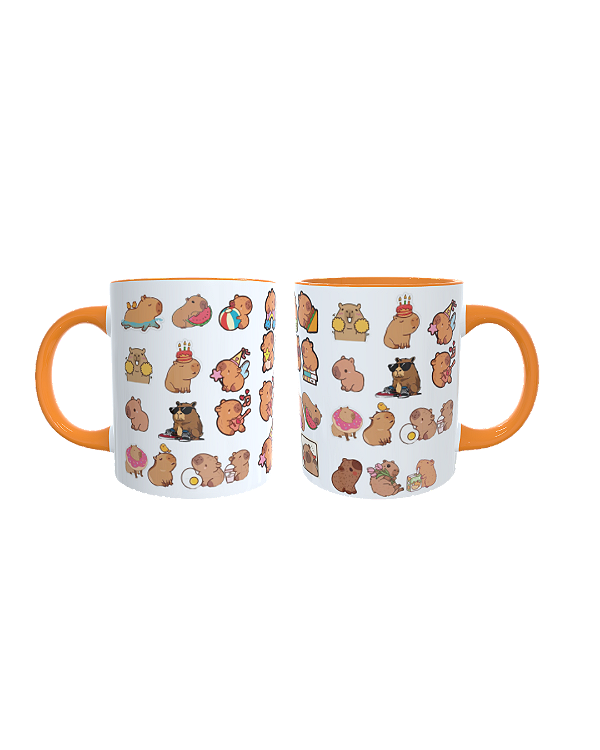 Caneca Porcelana 325ml com Alça Laranja - Capivaras
