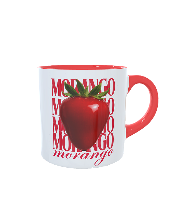 Caneca Porcelana 325ml com Alça Vermelha - Morangos
