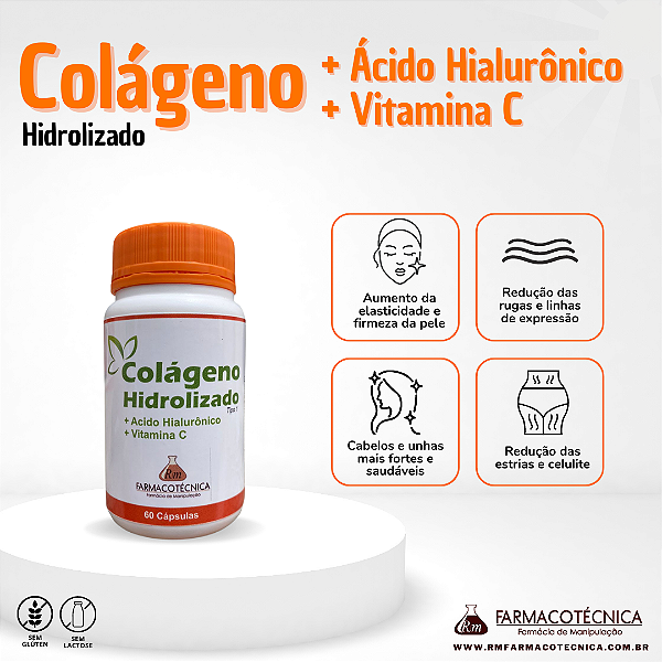 Colágeno Hidrolisado Tipo I com Ácido Hialurônico e Vitamina C 600mg - RM Farmacotécnica® (Cápsulas)
