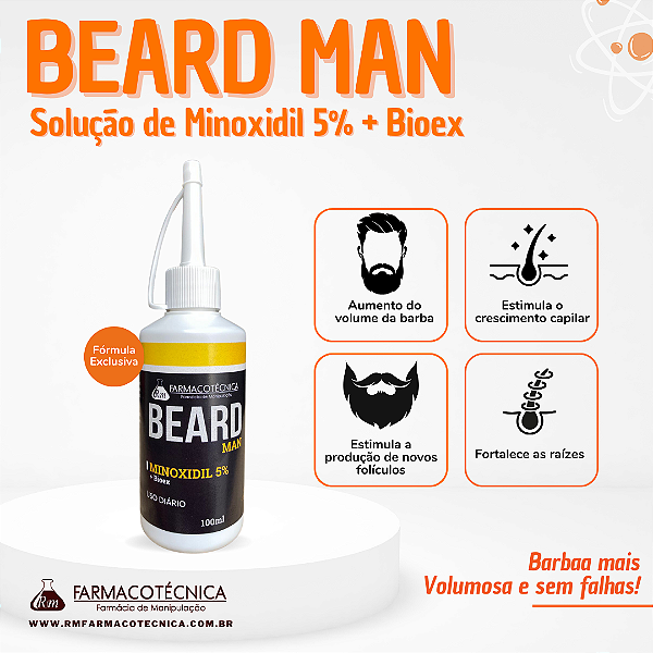 Minoxidil 5% com Bioex para Barba 100ml - Sua Barba com Poder - RM Farmacotécnica