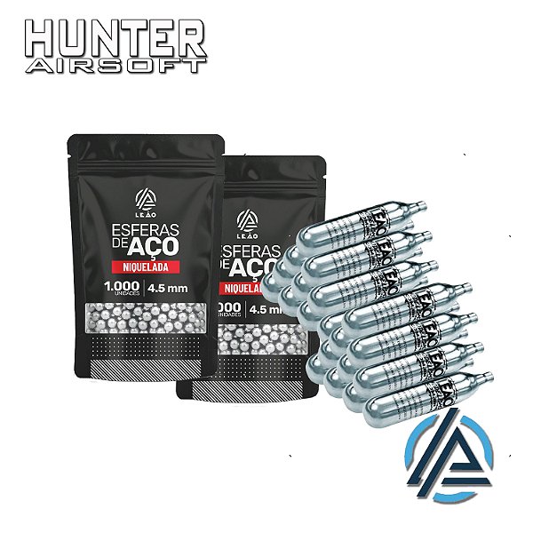 Kit 20x cilindro CO² 12g + 2000 esferas de aço niquelada 4,5mm - Leão