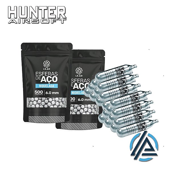Kit 20x cilindro CO² 12g + 1000 esferas de aço niquelada 6mm - Leão
