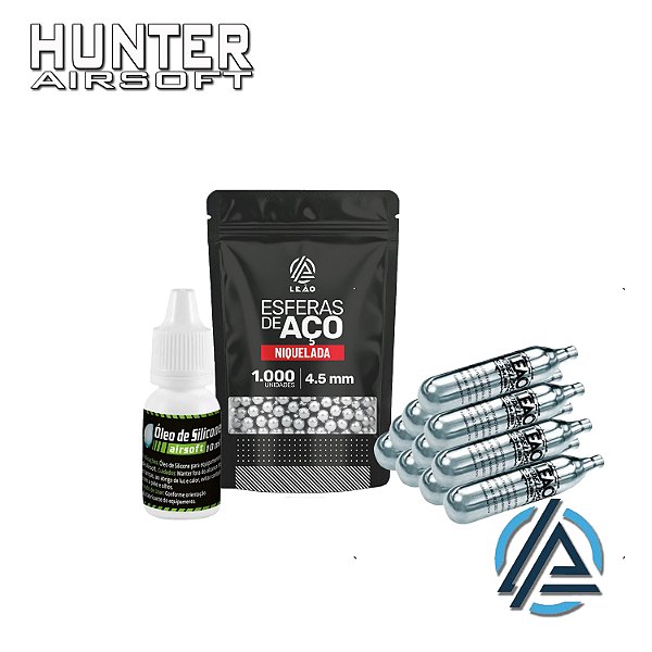 Kit 10x cilindro CO² 12g + 1000 esferas de aço niquelada 4,5mm + óleo silicone - Leão
