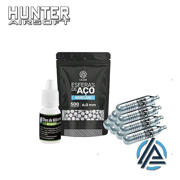 Kit 10x cilindro CO² 12g + 500 esferas de aço niquelada 6mm + óleo silicone - Leão