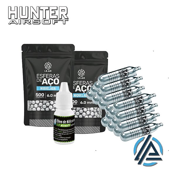 Kit 20x cilindro CO² 12g + 1000 esferas de aço niquelada 6mm + óleo silicone - Leão