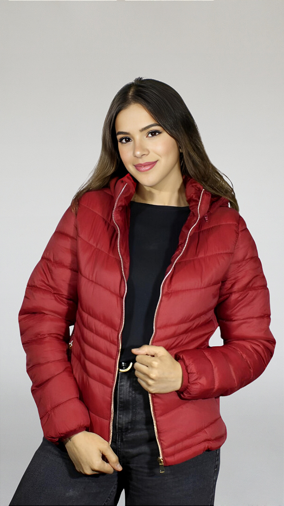 Jaqueta Feminina Nylon-Capuz Removível - Vermelho