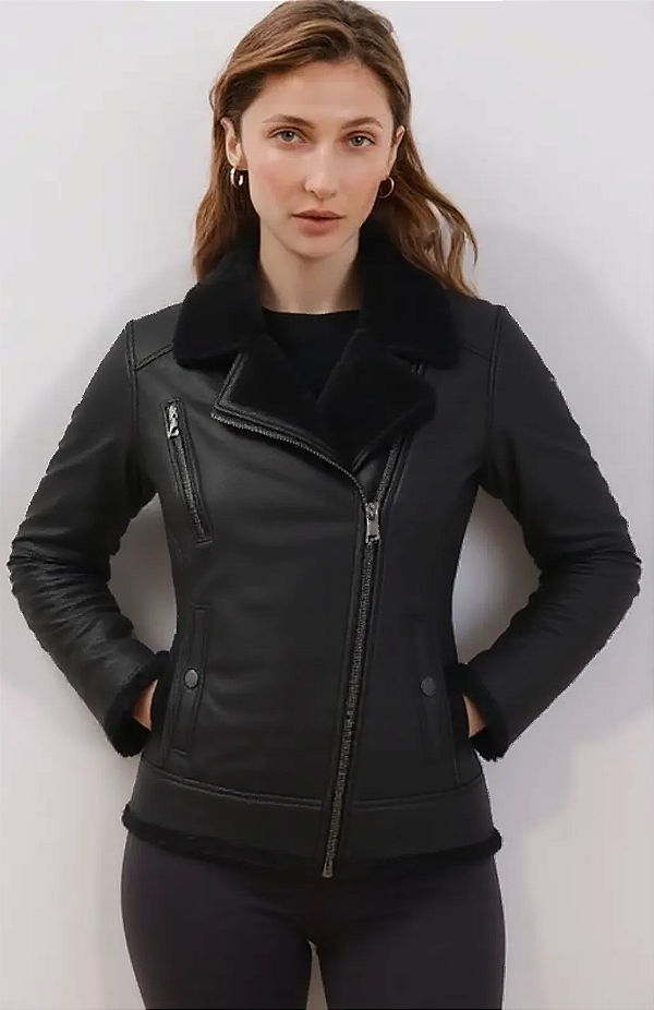 Jaqueta Sued Gola de Péle- Preto