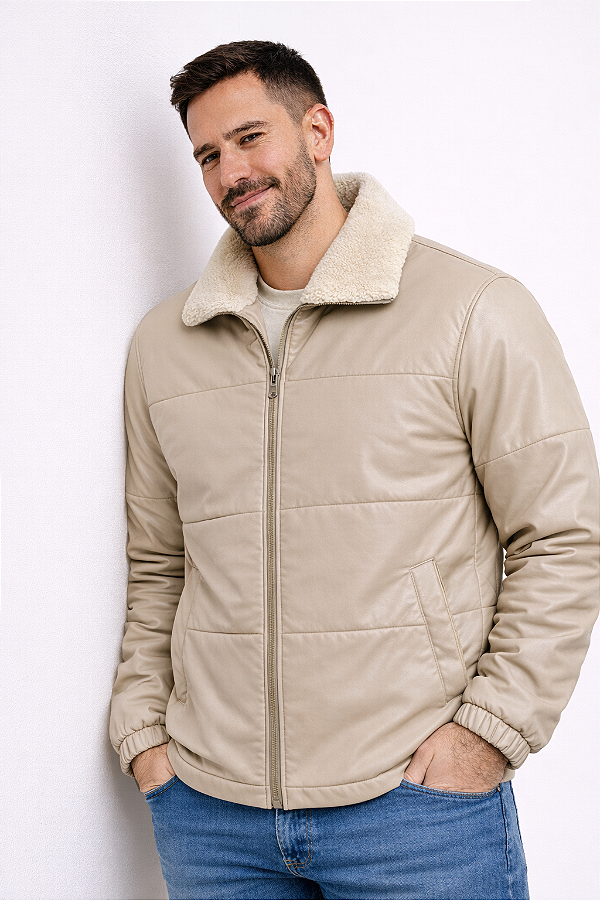 CASACO MASCULINO ACOLCHOADO COURO SINTETICO COM GOLO DE PELE