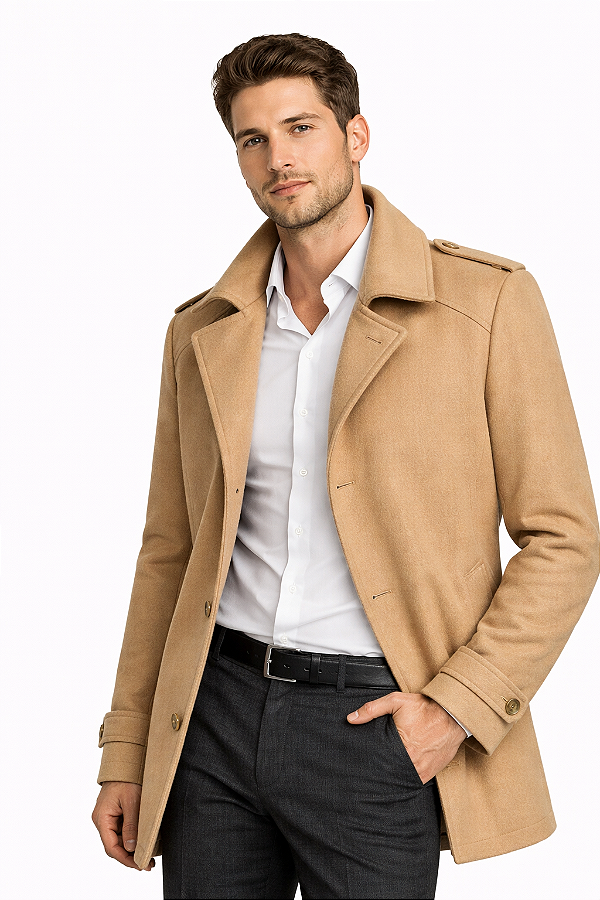 Casaco Trench Coat Masculino de Lã Batida