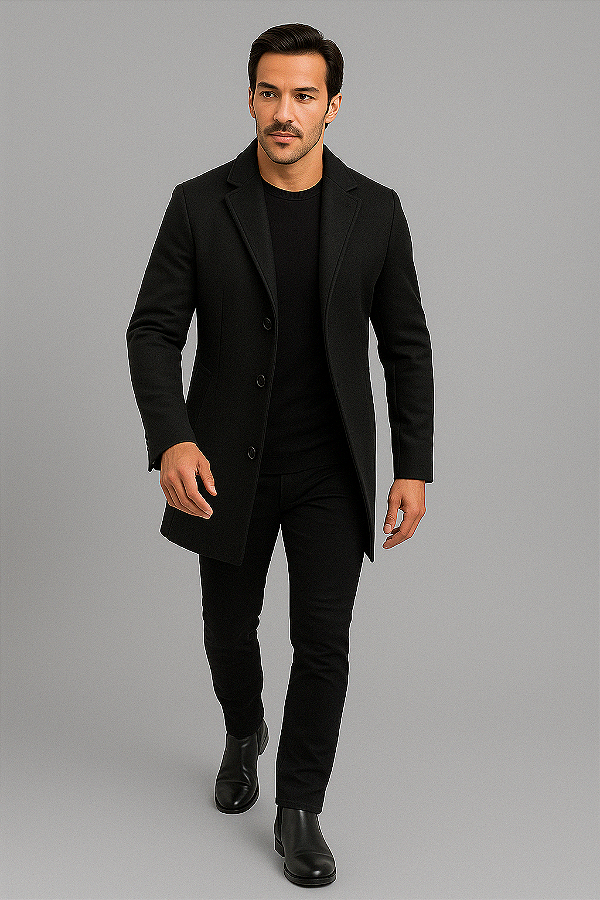 Casaco Trench Coat Masculino de Lã Batida Preto