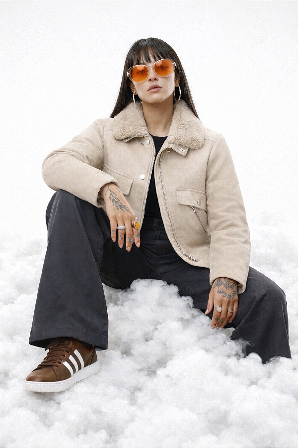 Jaqueta Feminina de Lã Batida com Gola Removível Sherpa – Areia