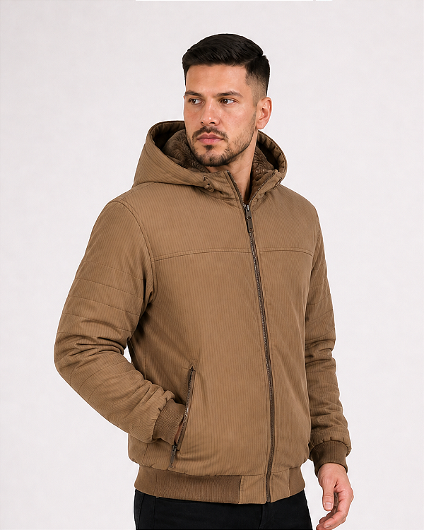 Jaqueta Bomber Trucker Masculina Canelada com Capuz Forrado em Pelo Sherpa