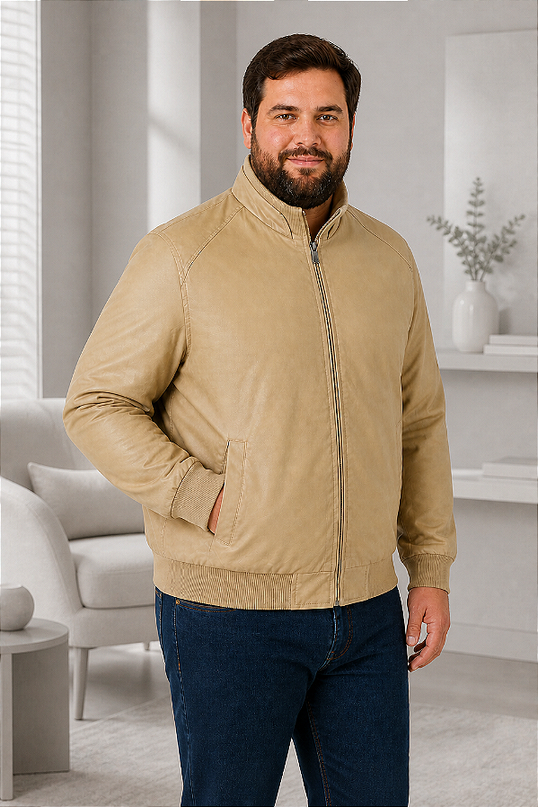 Jaqueta Bomber Masculina Plus Size em Couro PU- Bege