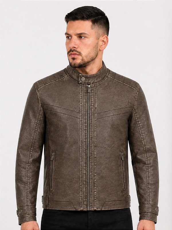 Jaqueta de Couro PU Masculina Marrom Envelhecido – Corte Slim Urban