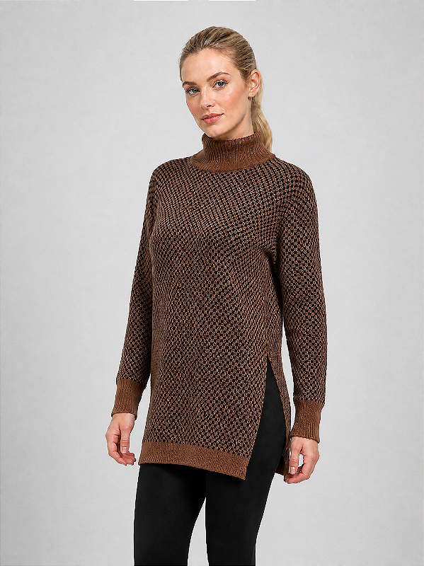 Blusa poncho Xadrez gola alta alfaitaria- preto e marrom