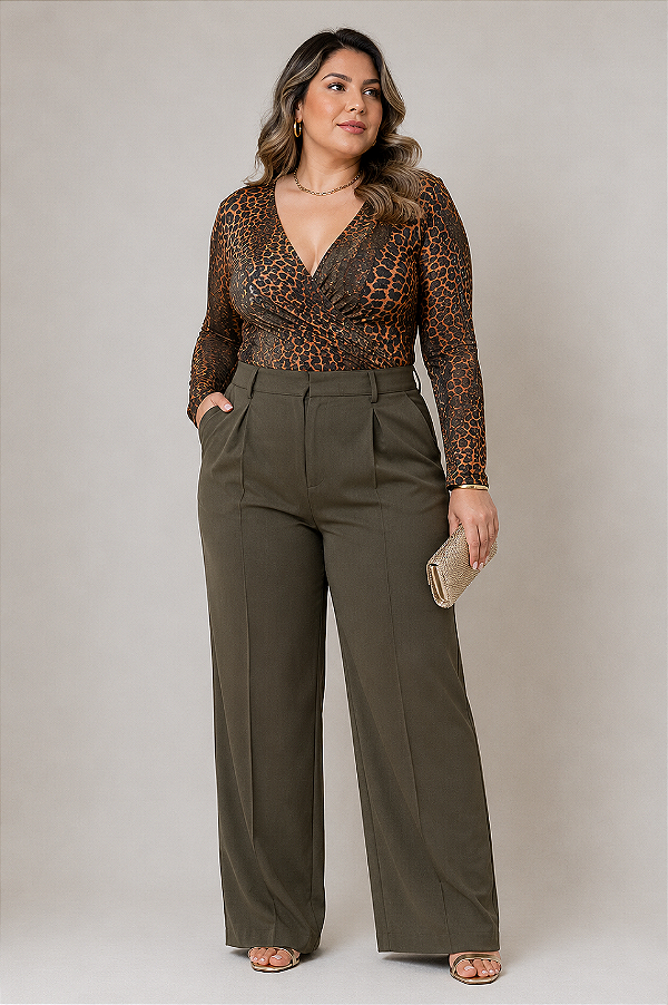 Body Feminino Plus Size manga longa Malha Tule Oncinha Transpassado frente Tamanho grande GG-48 CASUAL