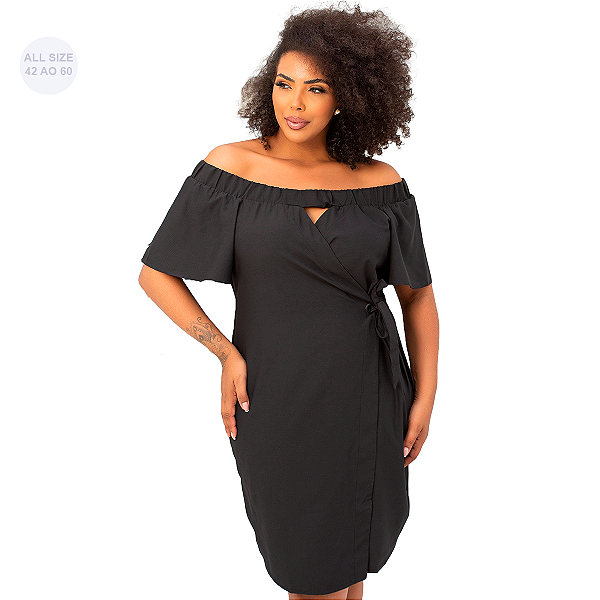 Vestido Social Plus Size Tecido Ciganinha Ellegance all curves Transpassado Preto Feminino Trabalho Elegante Tamanhos Grandes para mulheres 46 ao 52