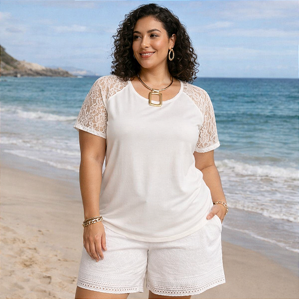 Blusa feminina elegante Plus Size Básica em Malha com Recorte Ombro Renda tamanhos grandes do 46 ao 54 comprimento mais alongado