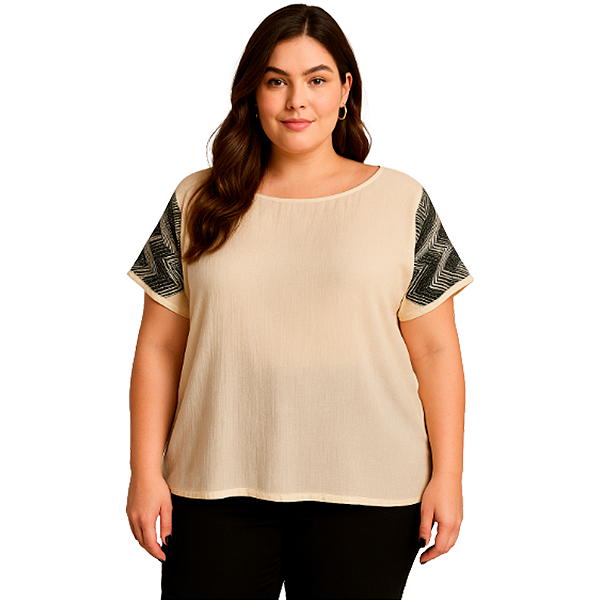 BLUSA PLUS SIZE FEMININA ELEGANTE EM MALHA COM RECORTES EM TECIDO CHIFFON TAMANHO GRANDE 48