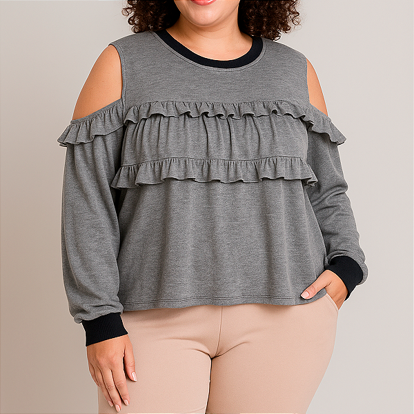 BLUSA CROPPED PLUS SIZE FASHION CURVE MOLETOM COM BABADOS GG-46-48