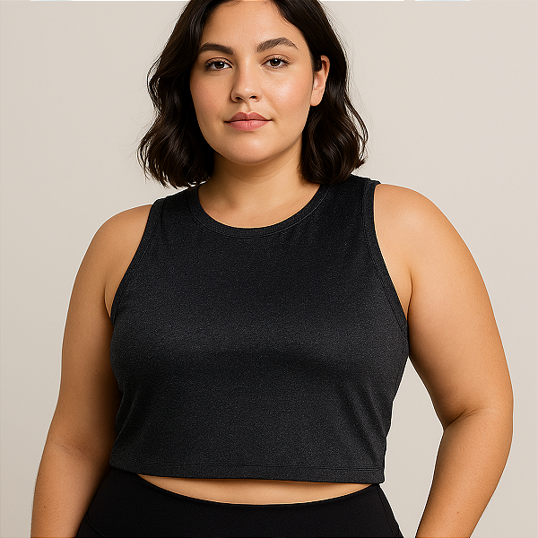 BLUSA CROPPED FEMININA PLUS SIZE REGATA MALHA VISCO PRETA TAMANHO GRANDE 46/48 CASUAL E ACADEMIA