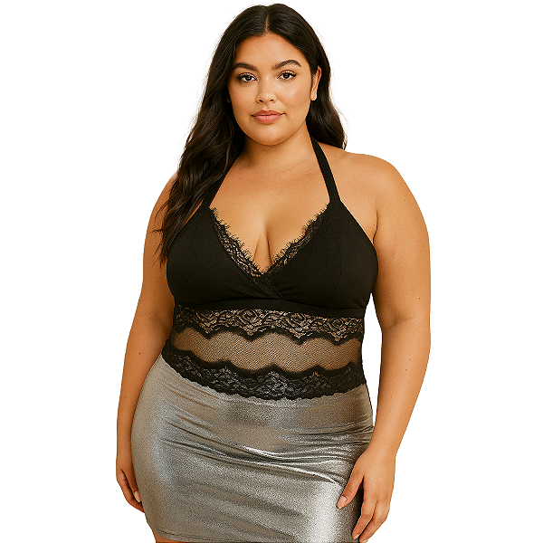 BLUSA TOP CROPPED PLUS SIZE FRENTE ÚNICA EM MALHA LANZINHA COM DETALHES EM RENDA