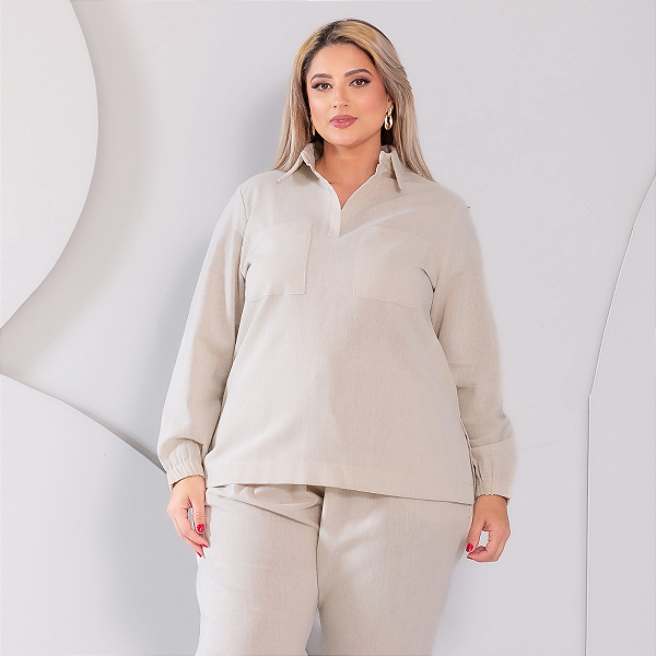 Camisa Plus Size em Linho com Gola de Colarinho e Vista Polo – Elegância e Conforto para Todas as Ocasiões TAMANHOS GRANDES PARA MULHERES DO 42 AO 60