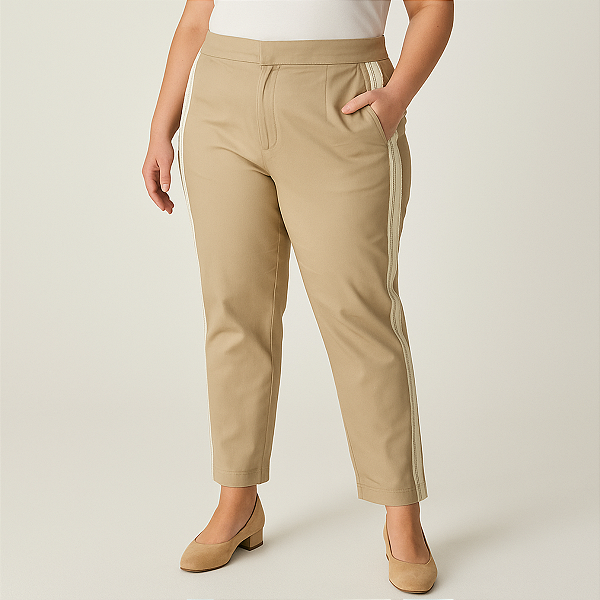 CALÇA ALFAIATARIA FEMININA EM SARJA SATIN CAQUI CINTURA ALTA COM BOLSO E FAIXA LATERAL TAMANHO 38