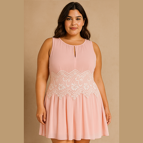 VESTIDO REGATA EVASÊ CAMADAS CHIFFON COM RENDA GUIPIR FESTA CASAMENTO COR ROSÊ TAMANHO 42/44