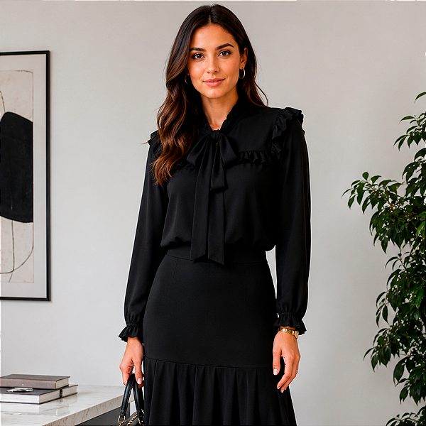 CAMISA FEMININA ELEGANTE SOCIAL EM CREPE PRETA COM LAÇO NA GOLA MANGA LONGATAMANHO 38