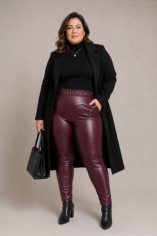 Calça Leagging Montaria Feminina de malha Couro Fake Plus Size curvy BORDO GG-48