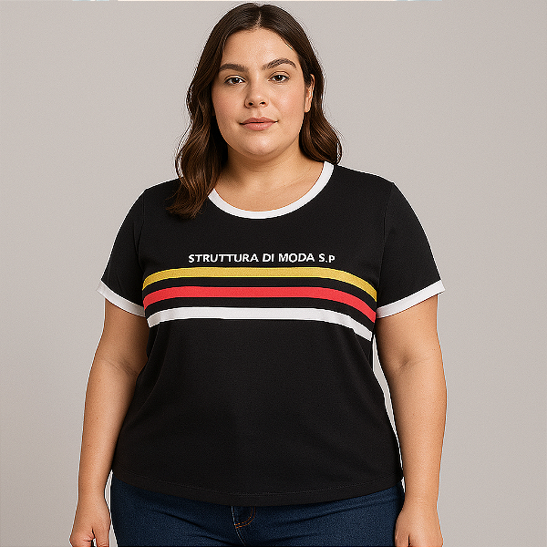 T-shirt Plus Size camiseta feminina longa Estampa silk em Listras 46-56 manga curta