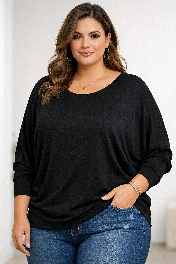 Blusa Ampla Plus Size Manga Morcego em Malha Viscolycra casual tamanho grande 48/50