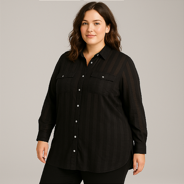 Camisa Manga longa em tecido listrado Devorê Plus Size 44-50