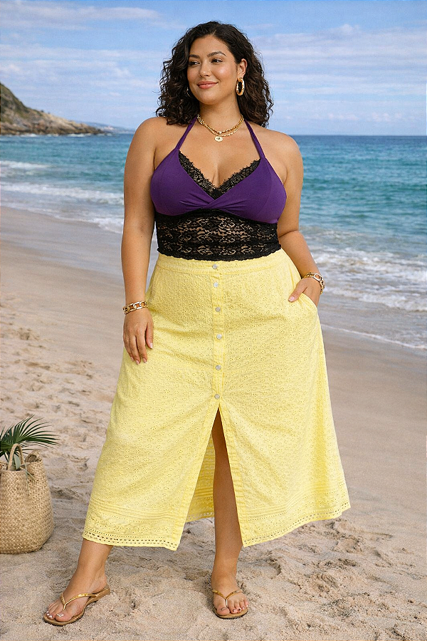 Saia Midi Plus Size abertura frontal Lisie Algodão 44-58