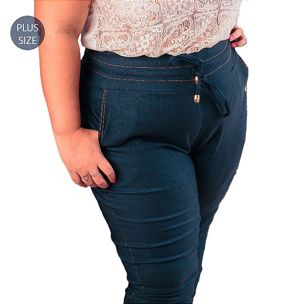 Calça Jogging Feminina Plus Size em Bengaline Jeans tamanho grande do 52 ao 58 jogger cintura alta com bolso