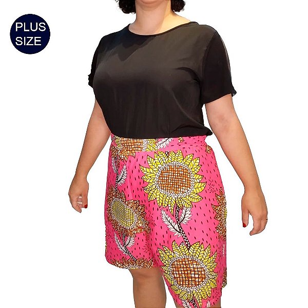 Shorts Tecido Plus Size Estampado Pink Africano 54