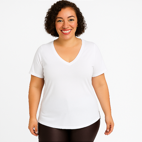 Blusa Básica Plus Size 46 ao 54 Decote V Malha Manga Curta