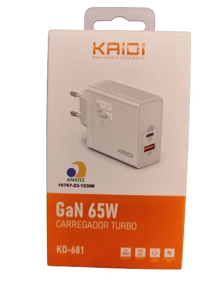 CARREGADOR KAIDI TURBO 65W TIPO-C/C KD-681CC