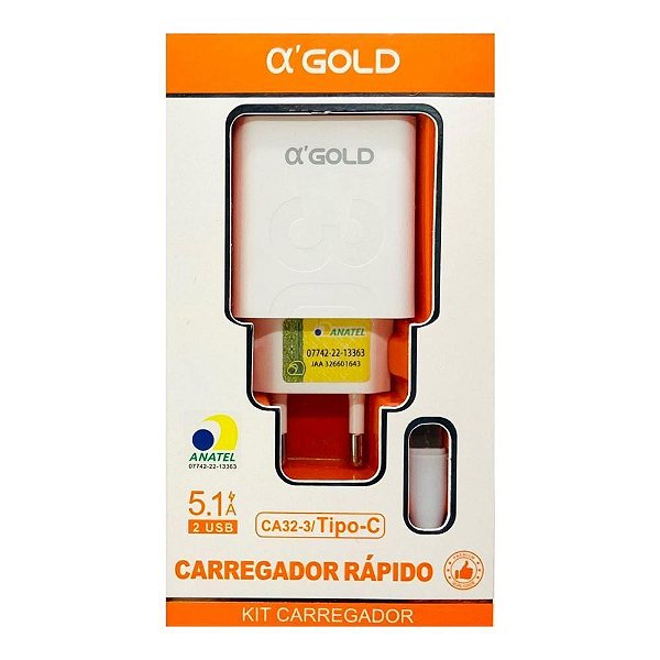 KIT GOLD CARREGADOR 5.1 2 USB + CABO TIPO C CA-32-3