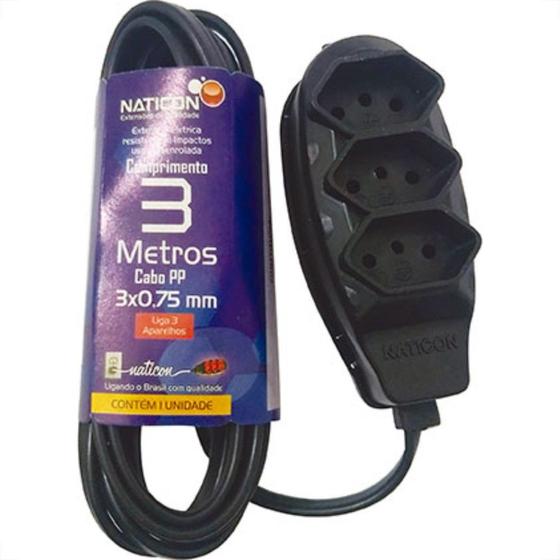 EXTENSAO NATICON 2P + T 03MT PRETA