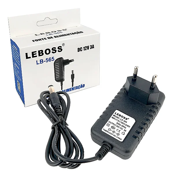 FONTE LEBOSS 12V 3A, MULTIUSO, COM ENTRADA 110/220VAC SAIDA 12VDC 2,5A PLUGUE PINO P4 - MARCA: LEBOSS - LB-565
