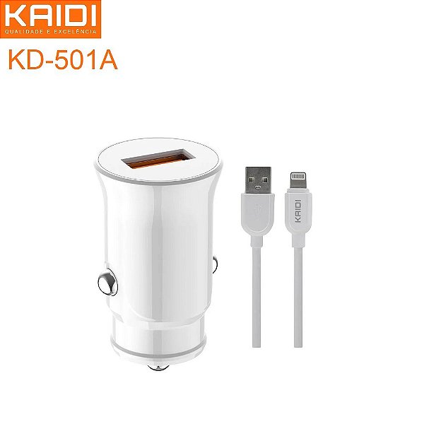 CARREGADOR VEICULAR KAIDI + CABO IPHONE LIGHTNING TURBO 18W KD-501A
