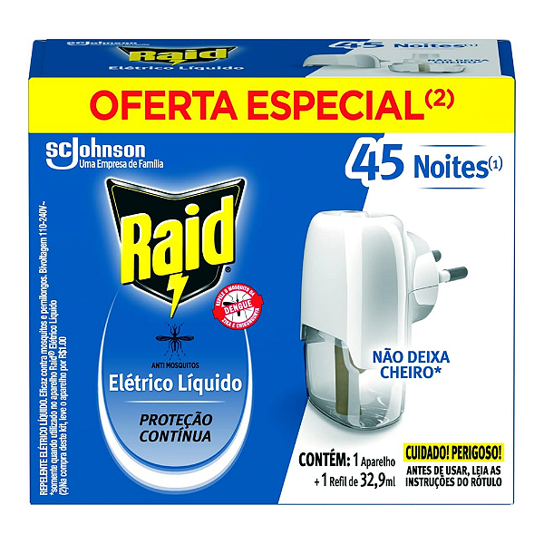 Repelente Eletrico Líquido Aparelho + Refil 32,9ml 45 Noites • Raid