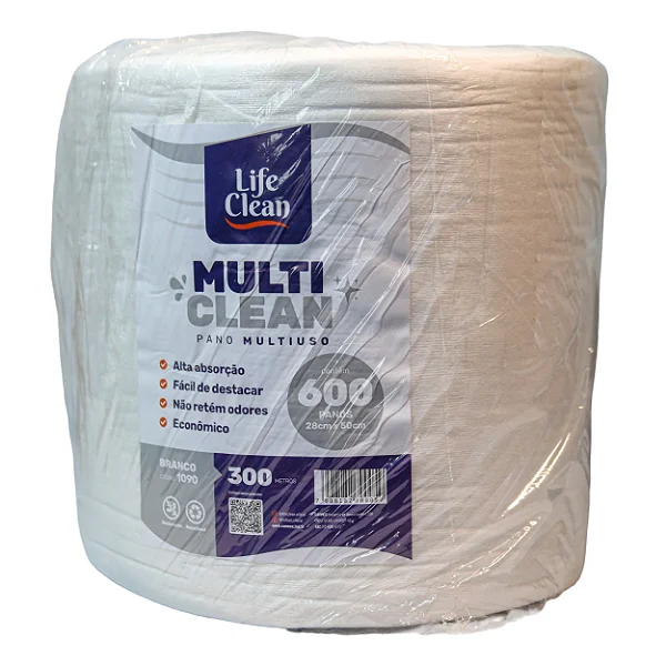 Pano Multiuso Branco 28cmx300m com 600 Panos | Life Clean